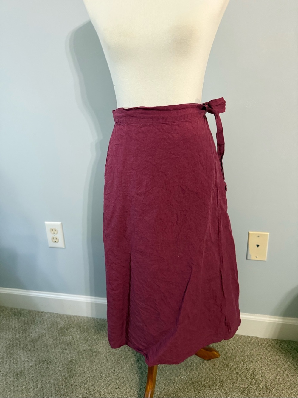 Linen handmade Women's Wrap Midi Skirt in Deep Berry